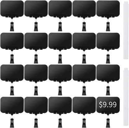 20 Pcs Price Display Signs, Adjustable Clip on Sign Holder with 20 Clips and 2 Pens, Rotataing Plastic Chalkboard Sign, Double Sided Mini Blackboard Clips for Store Business Office