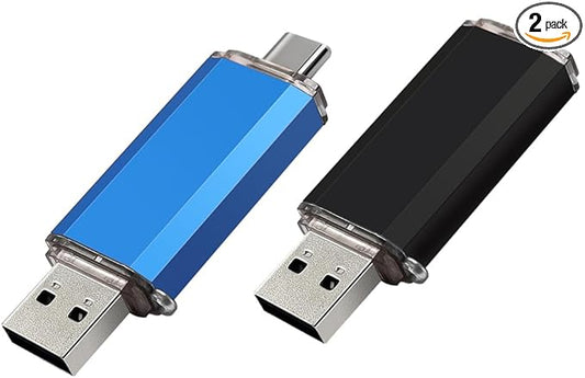 2-Pack 128GB USB C Flash Drive Dual Flash Drive Type C + USB A Memory Stick Jump Drive 2-in-1 Thumb Drive for Storage and Backup (128GB*2 Black&Blue)