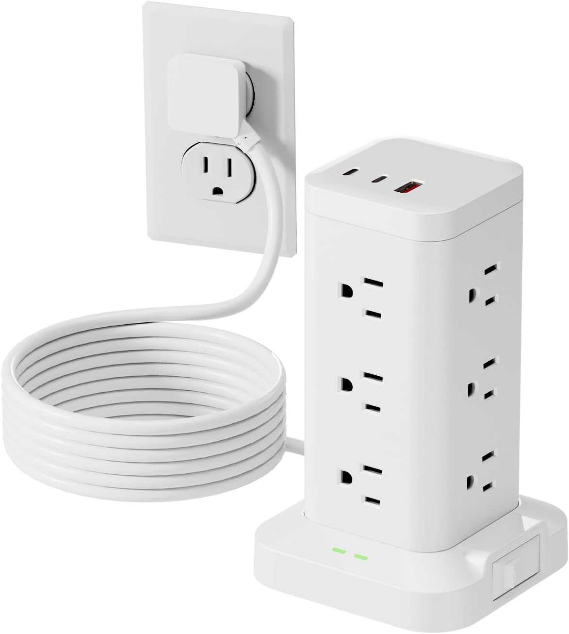 15-in-1 Power Strip Tower with Surge Protector 1800J, Fast Charging Tower PD20W USB-C Ports with 12 AC Outlets, 6ft Extension Cord for Home Office Dorm Room, White