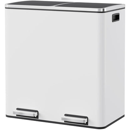 Arlopu 16 GallonStainless Steel Trash Can, 60L Dual Compartment, Metal Kitchen Step Recycle Bin, Metal Double Dustbin, in-Home Garbage Rubbish Can W/Removable Liner Buckets (White)
