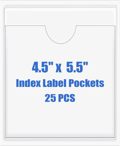 Origin-Joy 25 PCS Self-Adhesive Index Label Pockets, Clear Plastic Peel & Stick Card Holders with Top Open for Loading (4.5 x 5.5 inch)