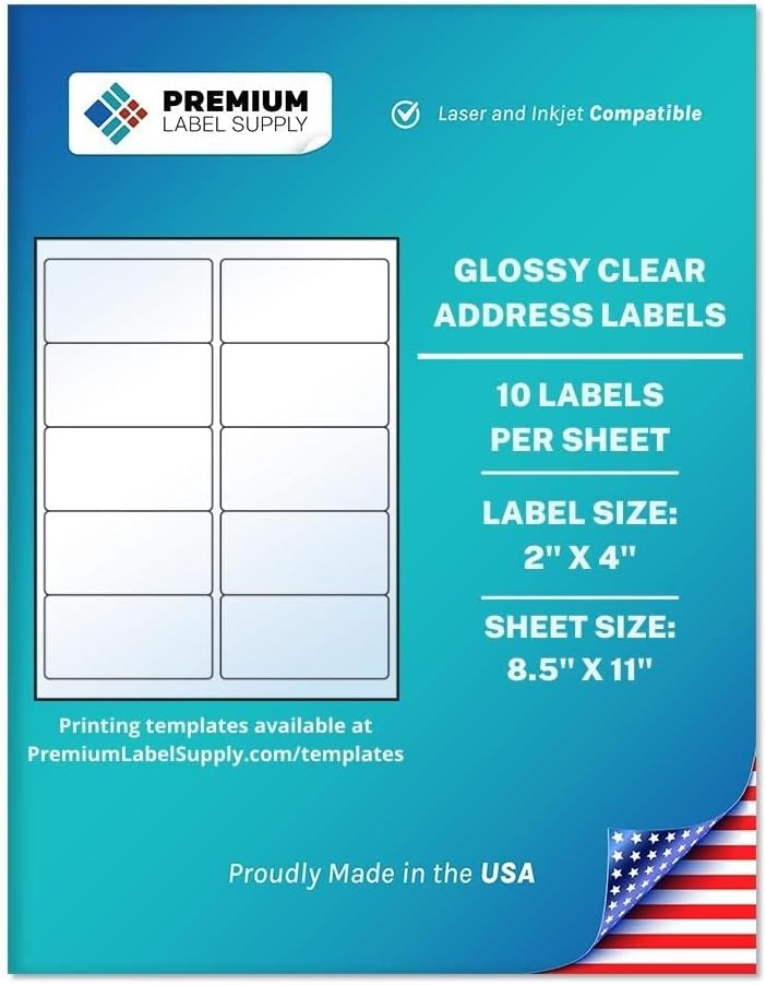 Premium Label Supply Glossy Clear Address Labels – 2" x 4" – Laser/Inkjet Compatible – (10 per Sheet), 500 Sheets – 5,000 Total Adhesive Labels