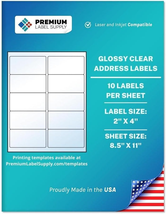 Premium Label Supply Glossy Clear Address Labels – 2" x 4" – Laser/Inkjet Compatible – (10 per Sheet), 100 Sheets – 1,000 Total Adhesive Labels
