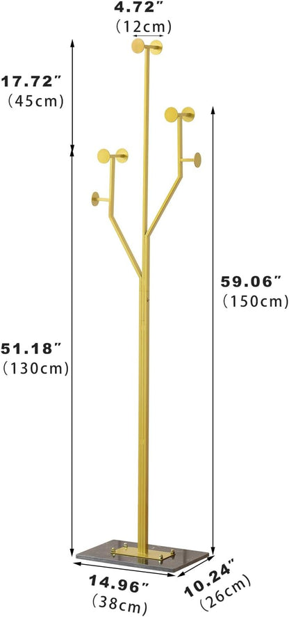 Heavy Duty Coat Rack Tree-shaped Metal Freestanding Coat Tree with Sturdy Marble Base Corner Coat Rack for Bedroom Entryway Hallway 14.96 x 10.24 x 68.9 Inches (Gold)