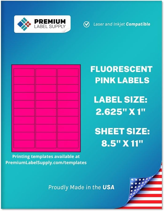 Premium Label Supply Bright Neon Color Fluorescent Stickers - 2.625" x 1" Address Labels - (Fluorescent Pink, 750 Labels)