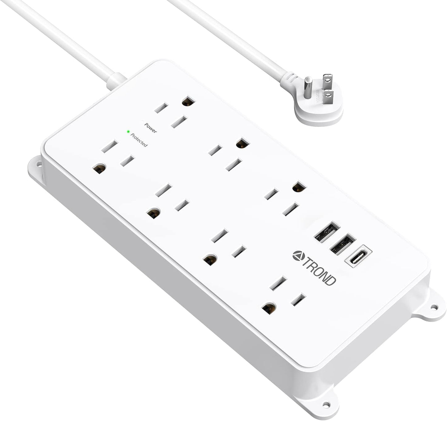 TROND Power Strip Surge Protector, 7 Widely Spaced Outlets with 2 USB A and 1 USB C, ETL Listed 1700J, Wall Mount, Flat Plug 5ft Extension Cord 14AWG Heavy Duty, for Home, Office Garage, White