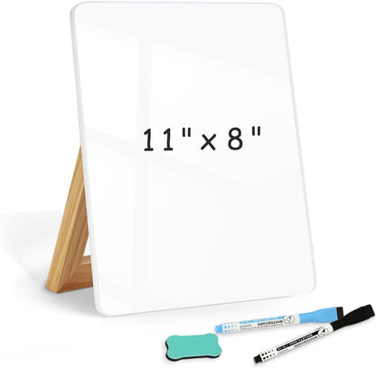 WALGLASS Desktop Glass White Board 11"x 8" with Reversible Wood Stand, Small Dry Erase Board, Portable Whiteboard for Desk, Reusable Desk Notepad with 2 Markers&Eraser for Home, Office
