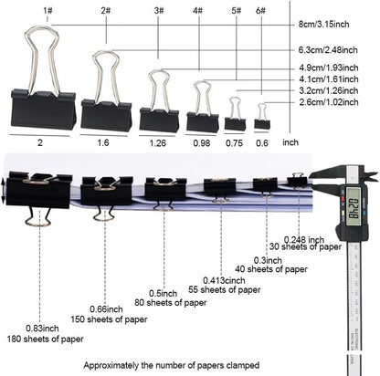 200PCS Binder Clips Paper Clamps Assorted Sizes (Black), Jumbo, Large, Medium, Small, Mini and Micro,6 Sizes with Box for Office, School and Home