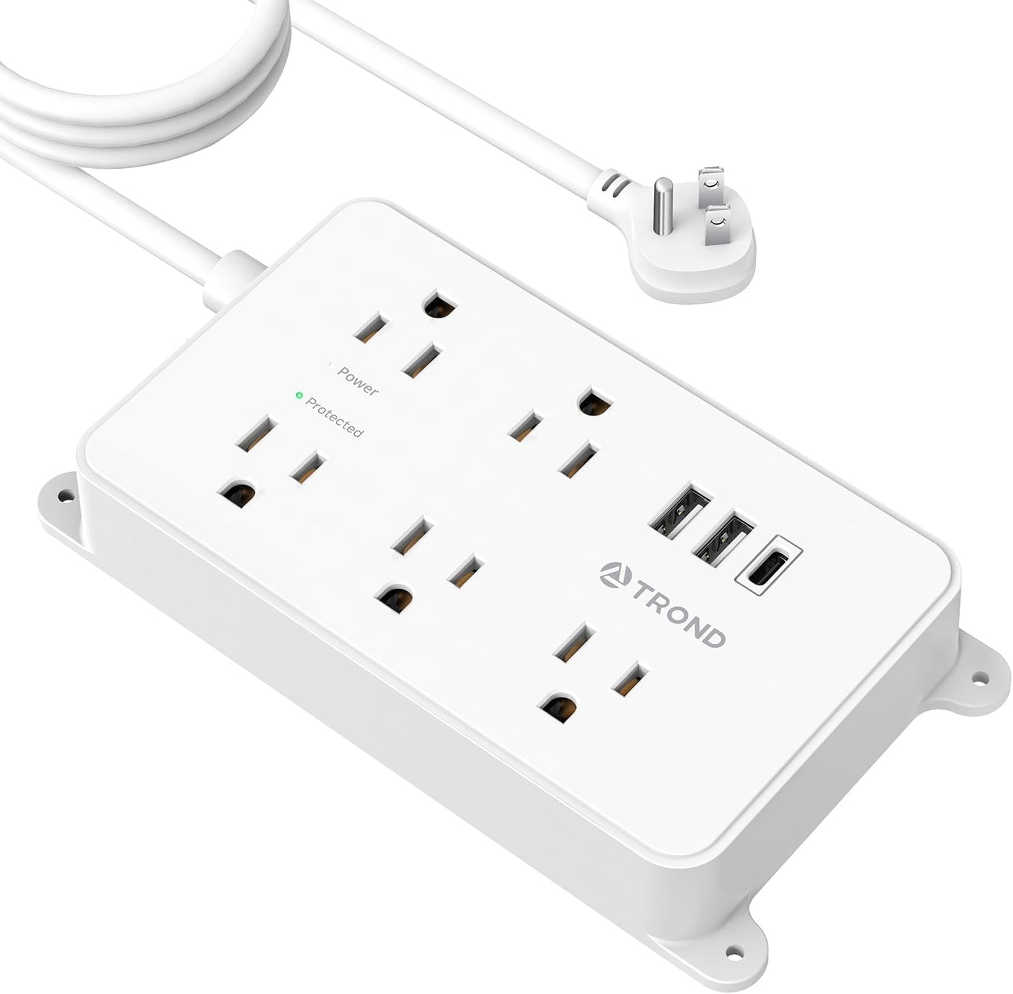TROND Power Strip with USB, 10ft Extension Cord Surge Protector, 5 Widely Spaced Outlets with 3 USB Ports, ETL Listed, 1300J, Low-Profile Flat Plug, Wall Mountable, White