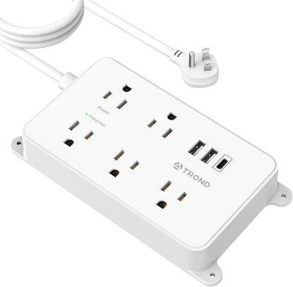 TROND Power Strip with USB, 10ft Extension Cord Surge Protector, 5 Widely Spaced Outlets with 3 USB Ports, ETL Listed, 1300J, Low-Profile Flat Plug, Wall Mountable, White