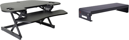 Rocelco 46" Height Adjustable Corner Standing Desk Converter with AC Outlet USB Charger and Dual Stand - Tabletop Computer Riser Workstation - Large Keyboard Tray - Black (R CADRB-46-ACUSB-DMS)
