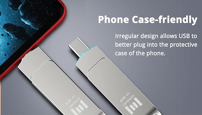 MOSDART 64GB USB3.1 Fast Speed C and A Dual Flash Drive, exFAT Memory Stick with Keychain Loop, for iPhone 15,16,17, Android Phone, iPad, MacBook, Silver(Pack of 2)
