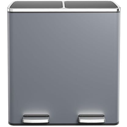 AthLike 60L(16 Gal ) Dual Trash Can, Stainless Steel Kitchen Garbage Can, Double Compartment Classified Rubbish Bin, Recycle Dustbin w/Plastic Inner Buckets, Handle, Soft-Close Lid, Airtight, Grey