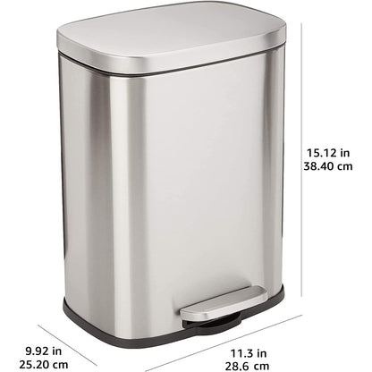 Amazon Basics Smudge Resistant Small Rectangular Trash Can With Soft-Close Foot Pedal, Brushed Stainless Steel, 12 Liter/3.1 Gallon, Satin Nickel Finish, 11.3"L x 9.9"W x 15.1"H
