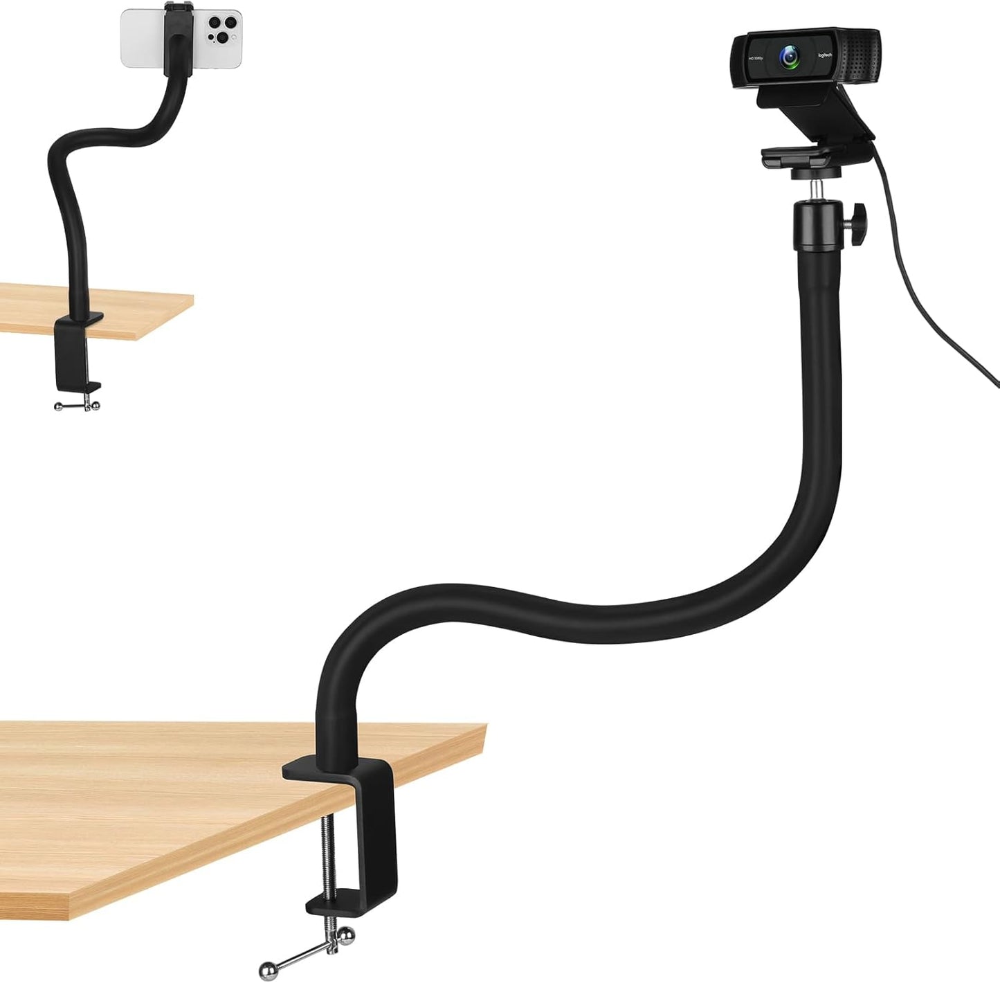 Webcam Stand for Desk,50cm Gooseneck Arm Compatible with Logitech Webcam C920 / C920S / C920x / C922 / C922x / C925e / C930 / C930e / C615 / C960 / BRIO 4K / NexiGo N60 / iPhone/Ring Light