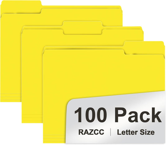 File Folder, RAZCC 100 Pack 1/3 Cut Tab File Folders Letter Size, Yellow, Folders with Tab, Great for Organizing and Easy File Storage