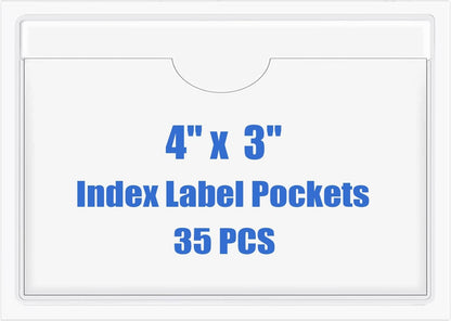 Origin-Joy 35 PCS Self Adhesive Index Card Pockets with Top Open, Clear Plastic Label Holder for Cards of Note, Library and Business, Adhesive Label Pockets & Card Holder (4 x 3 inch)