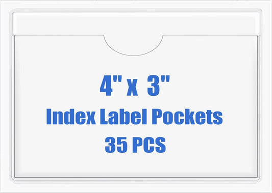 Origin-Joy 35 PCS Self Adhesive Index Card Pockets with Top Open, Clear Plastic Label Holder for Cards of Note, Library and Business, Adhesive Label Pockets & Card Holder (4 x 3 inch)