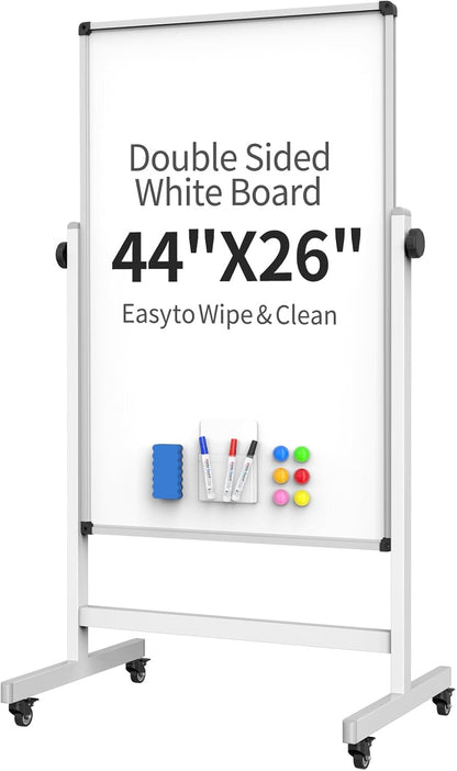 Whiteboard on Wheels, 44x26 Inches Double Sided Magnetic Dry Erase Board Height Adjustable Whiteboard with Stand for Home Office Classroom