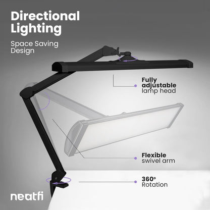 Neatfi Ultra 3,500 Lumen LED Desk Lamp, 45W, 26-Inch Wide Metal Shade, 270 SMD LEDs (Non-CCT with Clamp, Black)