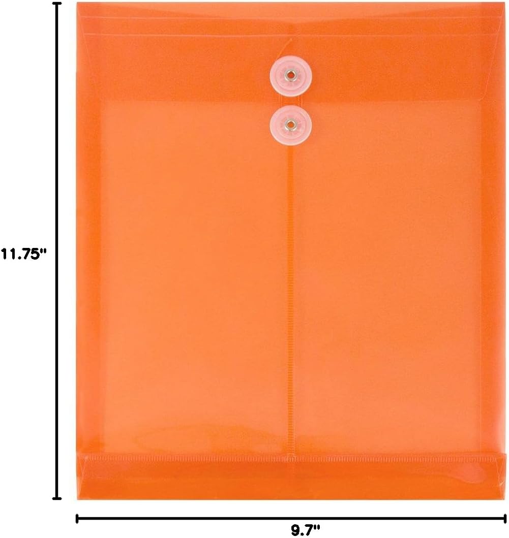 JAM PAPER Plastic Envelopes with Button & String Tie Closure - Letter Open End - 9 3/4 x 11 3/4 - Bright Orange - 12/Pack