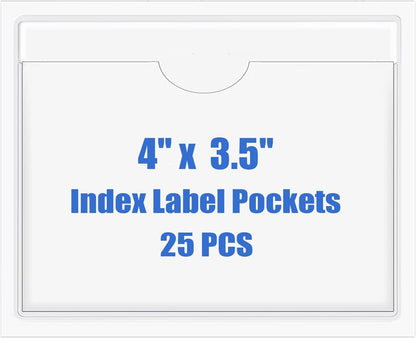 Origin-Joy 25 PCS Self-Adhesive Index Label Pockets, Clear Plastic Peel & Stick Card Holders with Top Open for Loading (4 x 3.5 inch)