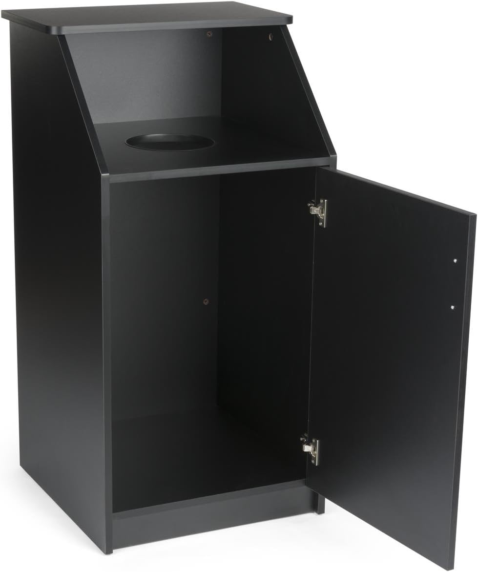 Displays2go Commercial Trash Bin with Black Finish, MDF Construction, Melamine Finish, Circular Cutout - Hinged Door (LCKDTLCSBK)