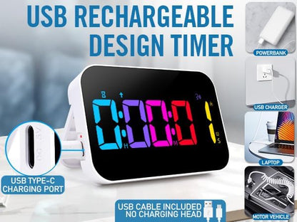 Kitchen Timer（1.5" Number）with Voice Reminder,10 RGB Color Changing Digital Magnetic Timer, Countdown/Up, Rechargeabilit, Brightness Display, 3 Volume Levels and Vibration Mode, for Classroom, Cooking