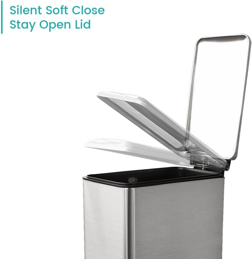 12 Gallon Slim Kitchen Trash Can, Metal Trash Can with Removal Inner Bucket and Soft-Close Lid, Foot Pedal, Stainless Steel Garbage Can 45 Liter, Silver