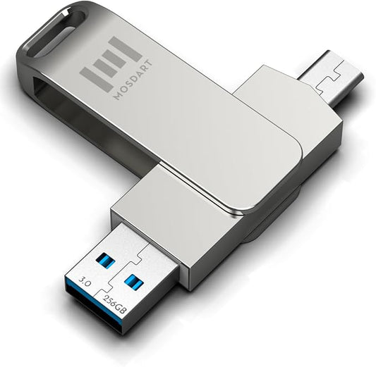 MOSDART 256GB USB3.1 Fast Speed C and A Dual Flash Drive, exFAT Memory Stick with Keychain Loop, for iPhone 15,16,17, Android Phone, iPad, MacBook, Silver