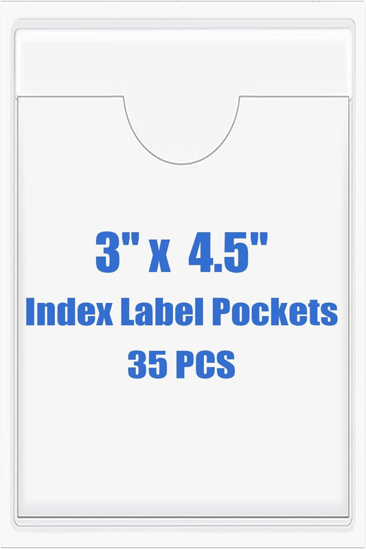 Origin-Joy 35 PCS Self Adhesive Index Card Pockets with Top Open, Clear Plastic Label Holder for Cards of Note, Library and Business, Adhesive Label Pockets & Card Holder (3 x 4.5 inch)