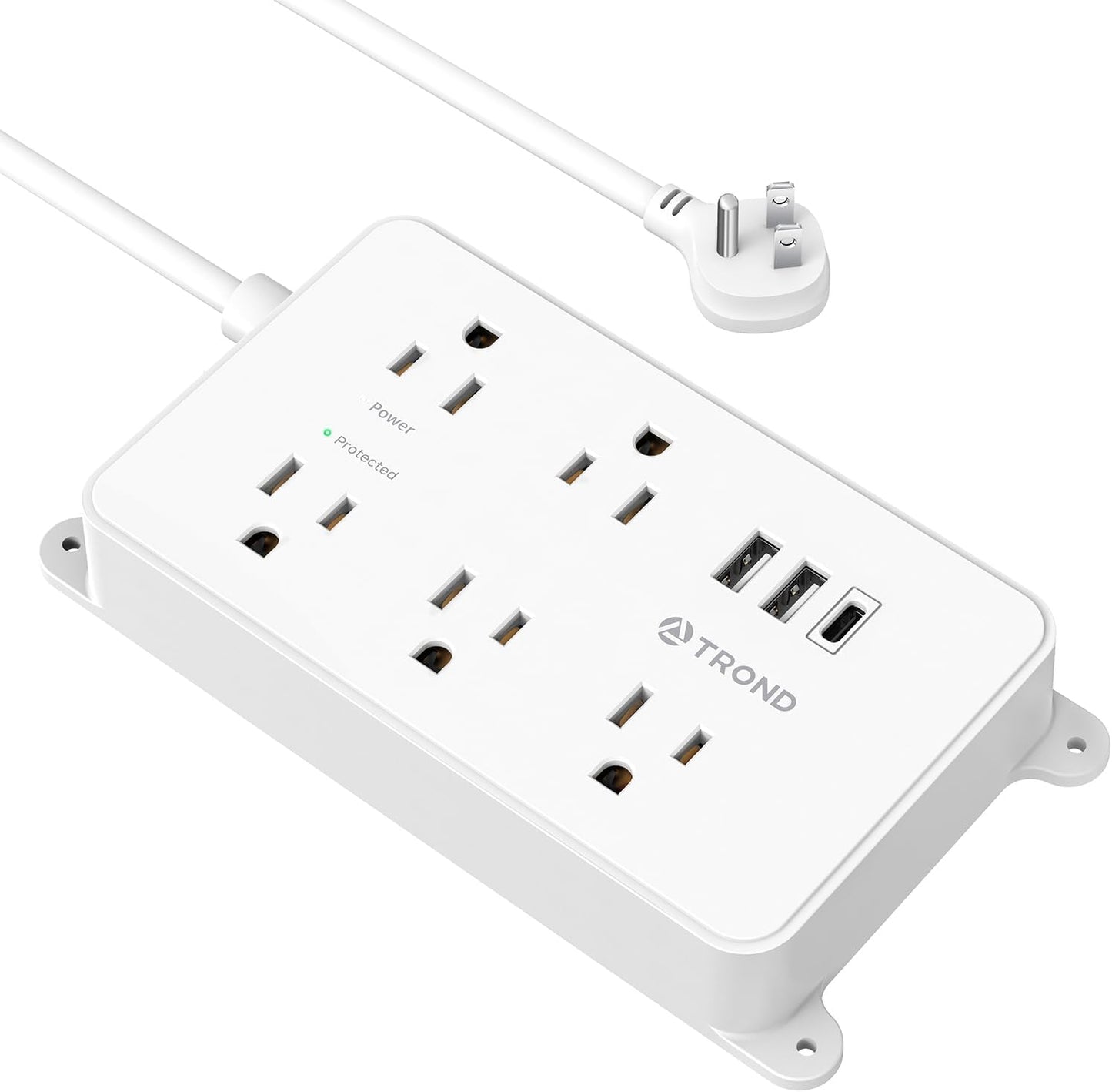 TROND Power Strip with USB, Surge Protector Flat Plug with 5 Widely-Spaced Outlets and 3 USB Ports, ETL Listed, 1300J, Wall Mountable, 5ft Extension Cord, for Office Kitchen, White
