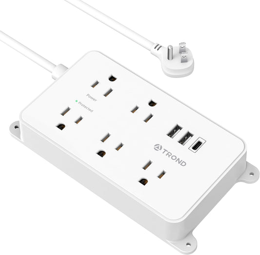 TROND Power Strip with USB, Surge Protector Flat Plug with 5 Widely-Spaced Outlets and 3 USB Ports, ETL Listed, 1300J, Wall Mountable, 5ft Extension Cord, for Office Kitchen, White