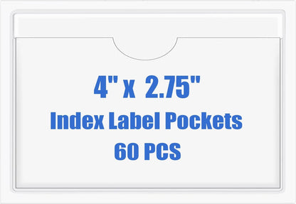 Origin-Joy 60 PCS Self Adhesive Index Card Pockets with Top Open, Clear Plastic Label Holder for Cards of Note, Library and Business, Adhesive Label Pockets & Card Holder (4 x 2.75 inch)
