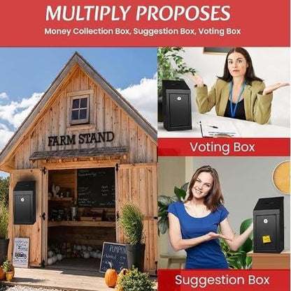 Metal Donation Box-Suggestion Box with Slot and lock-Cash Lock box for Money-Secure Drop Box-Comment and ballot voting box-comes with pre-drilled holes for easy wall mounting 10 X 6 X 2.5"(Black)