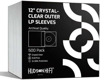 New Hudson Hi-Fi Vinyl Record Outer Sleeve Covers - 500 Pack - Premium Crystal Clear Sleeves - Protect Your LP Albums from Scratches, Dirt & Dust - 3 Layers of 30µm Thick No-Acid Exterior Disc Cover