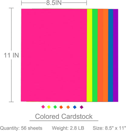 Colored Cardstock 8.5 in x 11 in,56 Sheet Fluorescent Neon Index Paper 250 GSM/90 LB HeavyWeight Card Stock Set of 7 Colors for Cutting DIY Art Craft