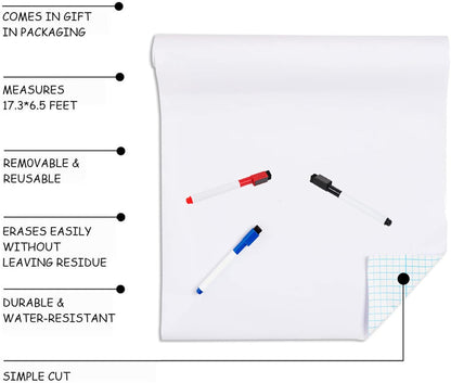 White Board Paper - 17.3” x 78.7” (6.5 Feet) - Self-Adhesive Dry Erase Board Sheet Sticker Removable Wall Decals for Kids, Office, School & Home with 3PCS Marker Pen