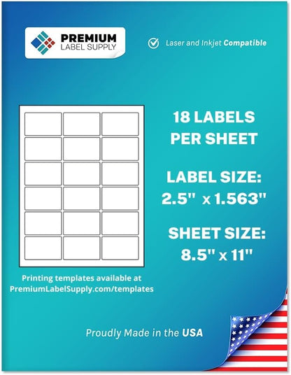 Premium Label Supply White Sticker Rectangle Labels – 2.5" x 1.563" – Laser/Inkjet Compatible – (18 per Sheet), 500 Sheets – 9,000 Total Adhesive Labels