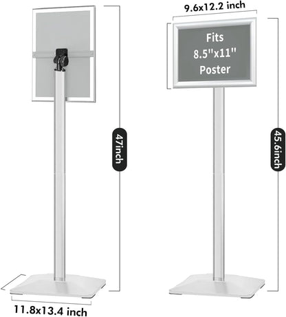 Heavy Duty Adjustable Pedestal Poster Sign Stand, 8.5x11 Aluminum Open Floor Standing Sign Holder for Vertical and Horizontal View Display (8.5x11,Silver)