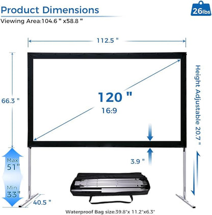 SCREENPRO 120inch Projector Screen with Stand, Fast Outdoor Movie Screen for Patio with Adjustable Leg(33"-51"),16:9 HD 4K Projector Screen for Yard Camping with Portable Carry Bag