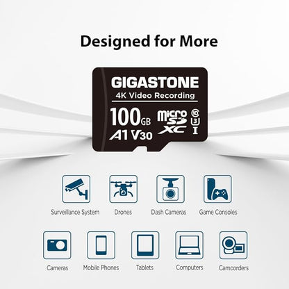 GIGASTONE 100GB Micro SD Card, A1 V30 4K Video Recording, Compatible with Security Camera, Dash Cam, Drone, 100MB/s MicroSDXC Memory Card UHS-I, with Adapter