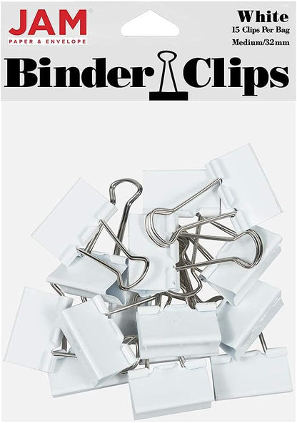 JAM PAPER Colorful Binder Clips - Medium - 1 1/4 Inch (32 mm) - White Binderclips - 15/Pack