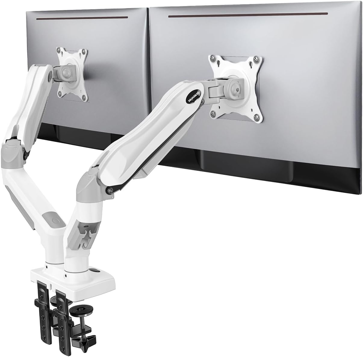 HUANUO Dual Monitor Stand - Full Adjustable Monitor Desk Mount Swivel Vesa Bracket with C Clamp, Grommet Mounting Base for 13 to 32 Inch Computer Screens - Each Arm Holds 4.4 to 19.8lbs - White