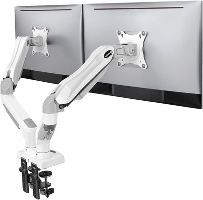 HUANUO Dual Monitor Stand - Full Adjustable Monitor Desk Mount Swivel Vesa Bracket with C Clamp, Grommet Mounting Base for 13 to 32 Inch Computer Screens - Each Arm Holds 4.4 to 19.8lbs - White