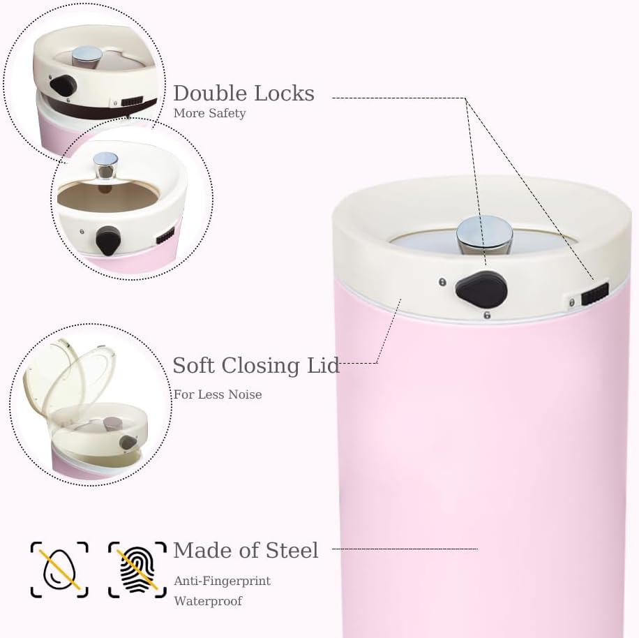 Diaper Pail, Baby Diaper Trash Can with Removal Inner Liner, Childproof Lock, Stainless Steel Garbage Pail with lid, Soft Close, Odor Control Diaper Disposal Bin, 4 Gallon Pink Diaper Can