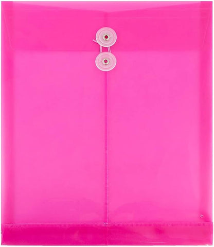 JAM PAPER Plastic Envelopes with Button & String Tie Closure - Letter Open End - 9 3/4 x 11 3/4 - Bright Hot Pink - 12/Pack