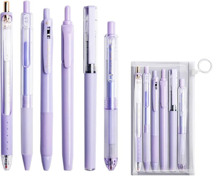 6 Count Pastel Gel Ink Pen Set,Cute Note Taking 0.5mm Fine Point Retractable 5 Count Black Ink Pens with 1 Count Highlighter for Writing, Journaling, School, Office (Purple)
