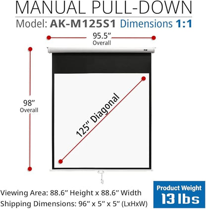 Akia Screens 125 inch Projector Screen Pull Down Manual B 1:1 8K 4K HD 3D Ceiling Wall Mount White Portable Projection Screen Retractable Auto Locking for Indoor Movie Home Theater Office AK-M125S1