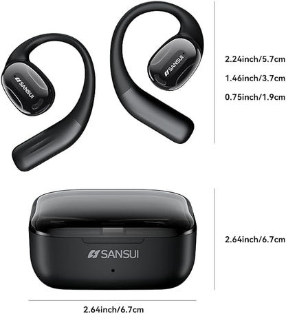 SANSUI Open Ear Headphones,Wireless Earbuds with Ergonomic Earhook,Bluetooth Headphones 5.4 with Noise Cancelling Mic,56H Playtime,IP55 Waterproof Ear Buds for Cycling,Running,Workout(Black)